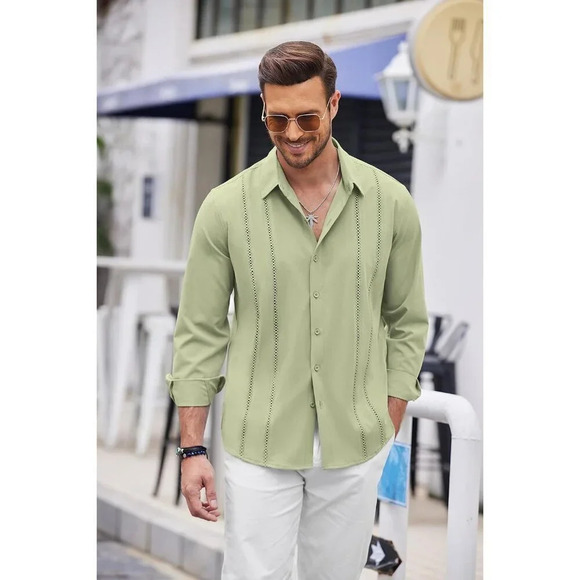 ❤️Mens Green Cuban Shirt Casual Button  Down Shirts Long Sleeve Beach Shirts - Picture 3 of 5